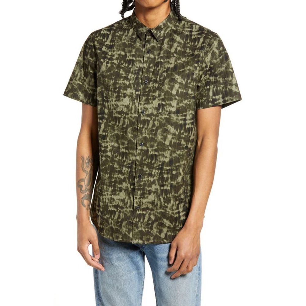 New BP. Slim Fit Shibori Short Sleeve Stretch Cotton Button Up Shirt Men's Small